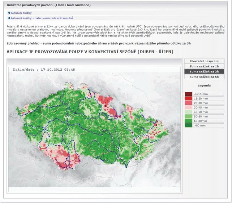 Obrázek – ukázka výstupu aplikace indikátor přívalových povodní. Lze volit mapu s ukazatelem nasycení povodí nebo mapu s úhrnem srážek za 1, 3 nebo 6 hodin, které by potenciálně způsobily povodňový odtok. 