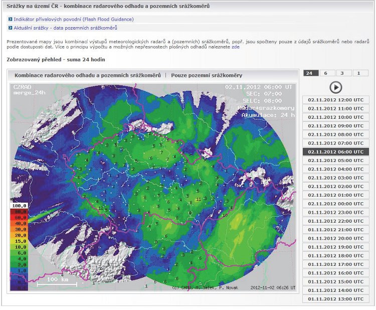 Obrázek - sdružená srážková informace, mapa v gridu 1x1 km obsahující srážkové úhrny za zvolený interval. Lze volit srážkovou mapu odvozenou pouze z pozemních stanic nebo kombinaci pozemních stanic a radarového odhadu. Časový interval je volitelný, zobrazit lze srážky za 1, 3, 6 nebo 24 hodin. 